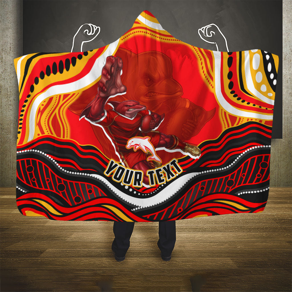 Personalized Redcliffe Dolphins Hooded Blanket Aboriginal Dot Art - Dreamtime Rugby Mascot