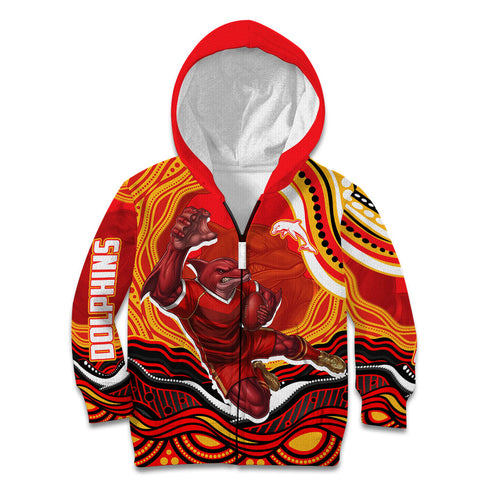Personalized Redcliffe Dolphins Kid Hoodie Aboriginal Dot Art - Dreamtime Rugby Mascot