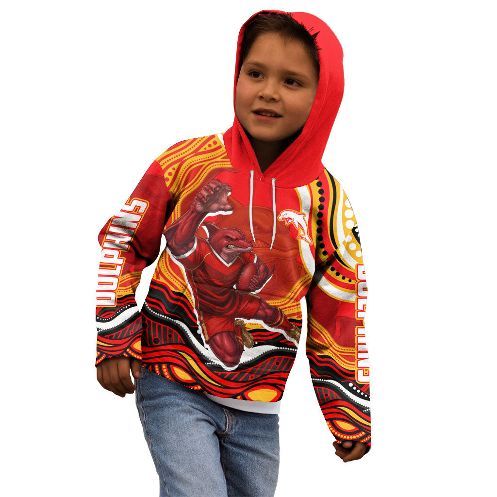 Personalized Redcliffe Dolphins Kid Hoodie Aboriginal Dot Art - Dreamtime Rugby Mascot