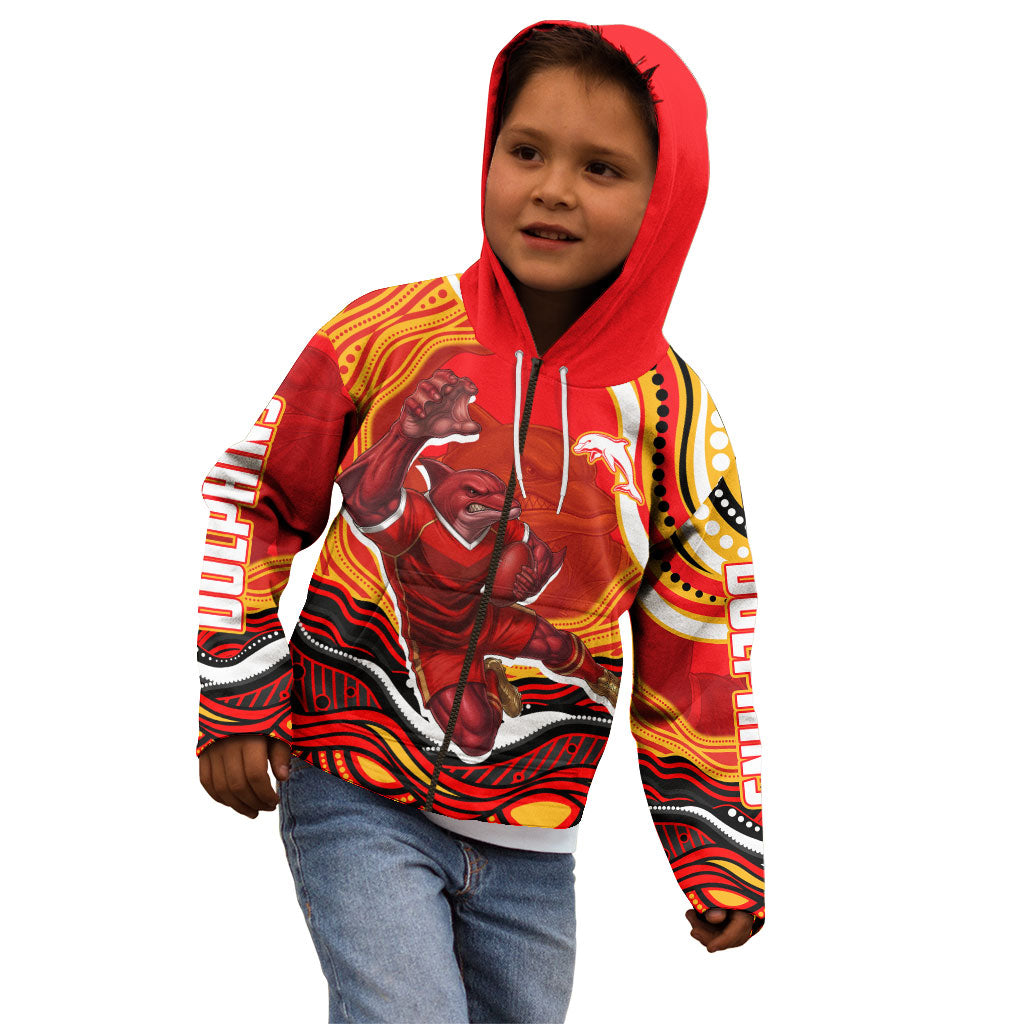 Personalized Redcliffe Dolphins Kid Hoodie Aboriginal Dot Art - Dreamtime Rugby Mascot