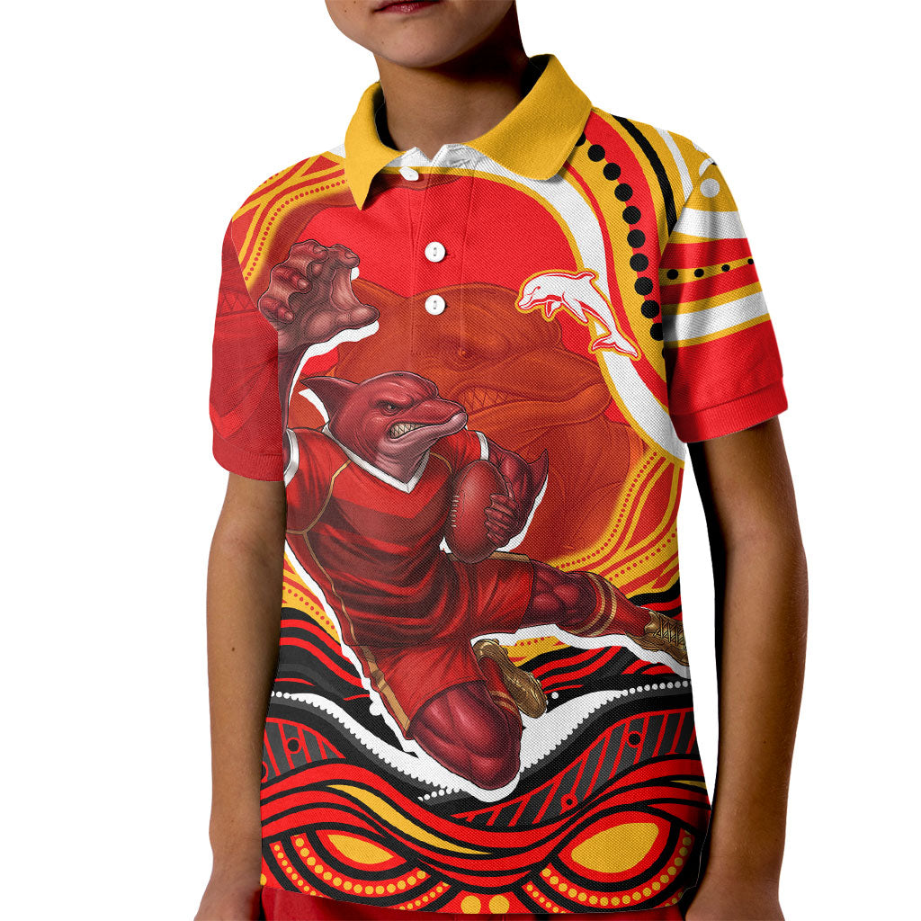 Personalized Redcliffe Dolphins Kid Polo Shirt Aboriginal Dot Art - Dreamtime Rugby Mascot
