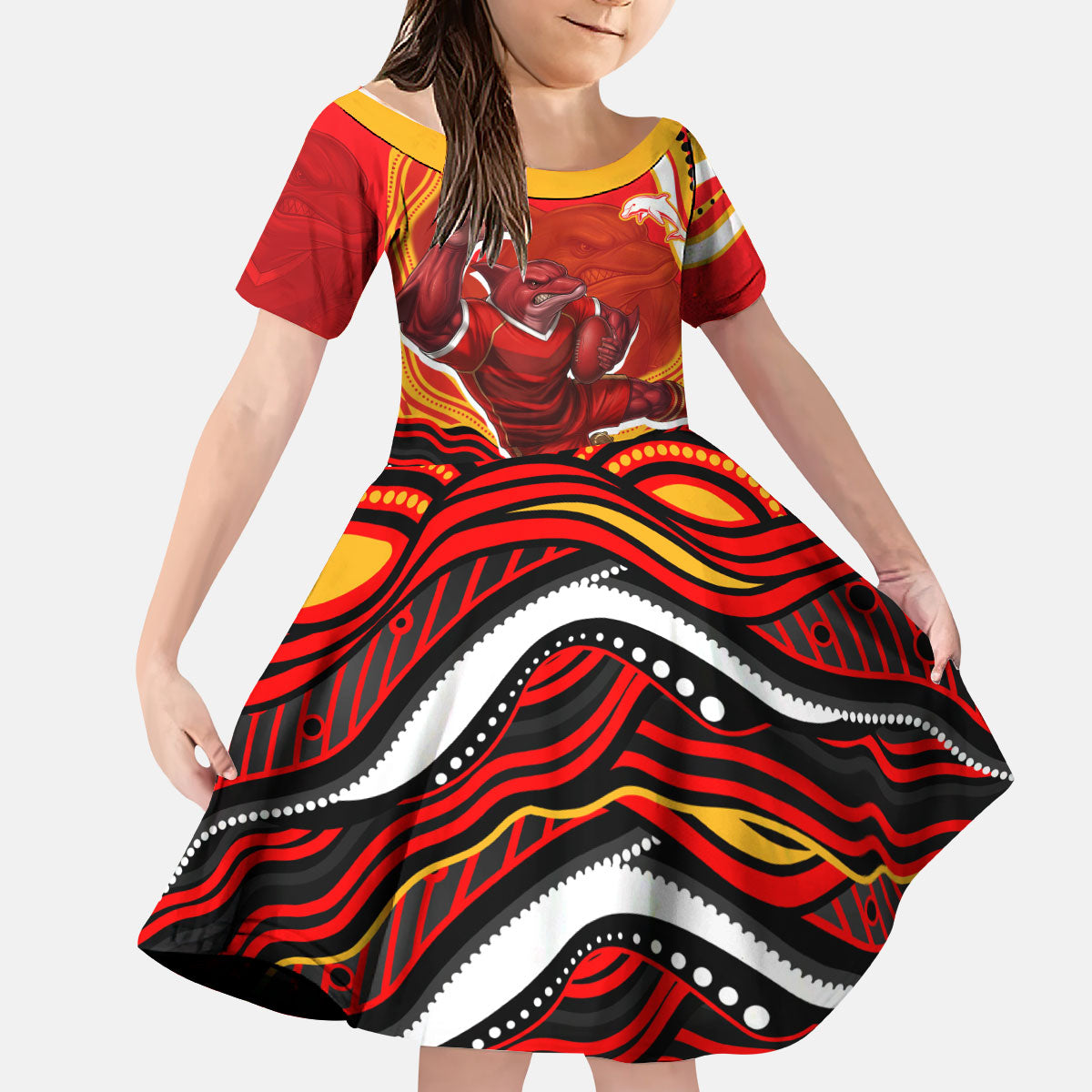 Personalized Redcliffe Dolphins Kid Short Sleeve Dress Aboriginal Dot Art - Dreamtime Rugby Mascot