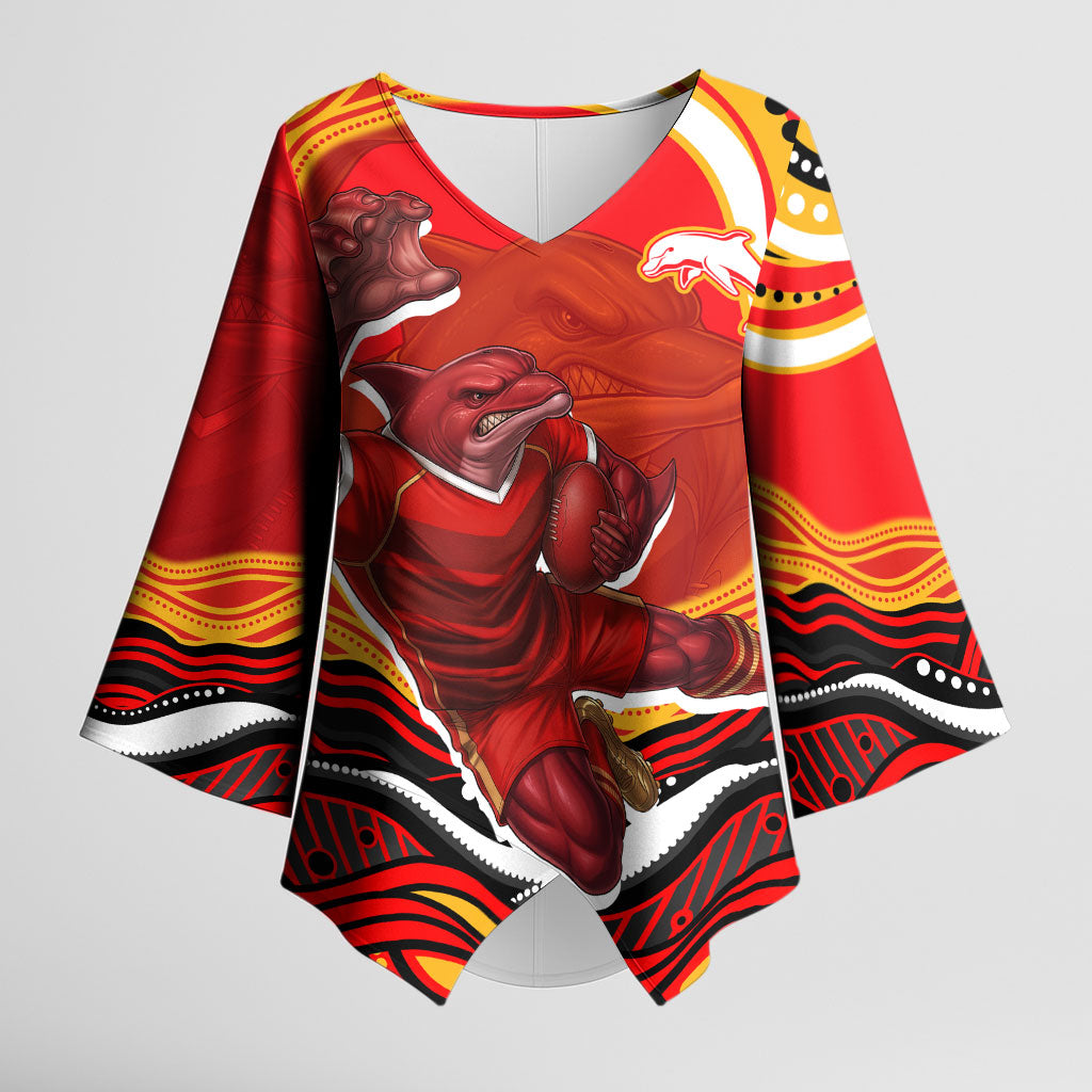 Personalized Redcliffe Dolphins Kimono Sleeve Blouse Aboriginal Dot Art - Dreamtime Rugby Mascot