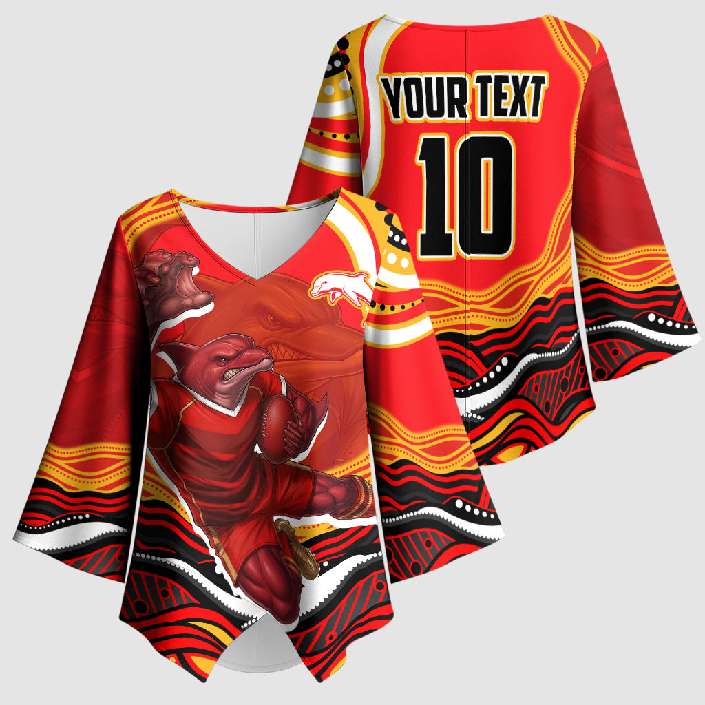Personalized Redcliffe Dolphins Kimono Sleeve Blouse Aboriginal Dot Art - Dreamtime Rugby Mascot