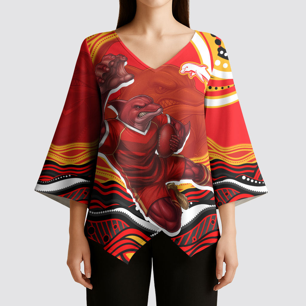 Personalized Redcliffe Dolphins Kimono Sleeve Blouse Aboriginal Dot Art - Dreamtime Rugby Mascot