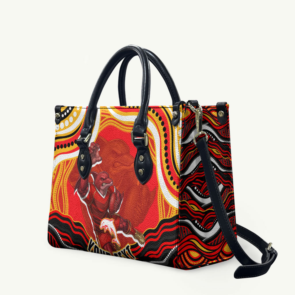 Personalized Redcliffe Dolphins Leather Bag Aboriginal Dot Art - Dreamtime Rugby Mascot