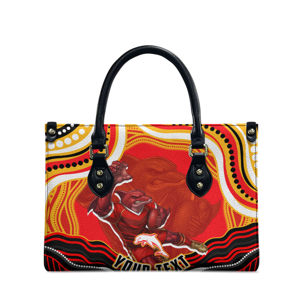 Personalized Redcliffe Dolphins Leather Bag Aboriginal Dot Art - Dreamtime Rugby Mascot