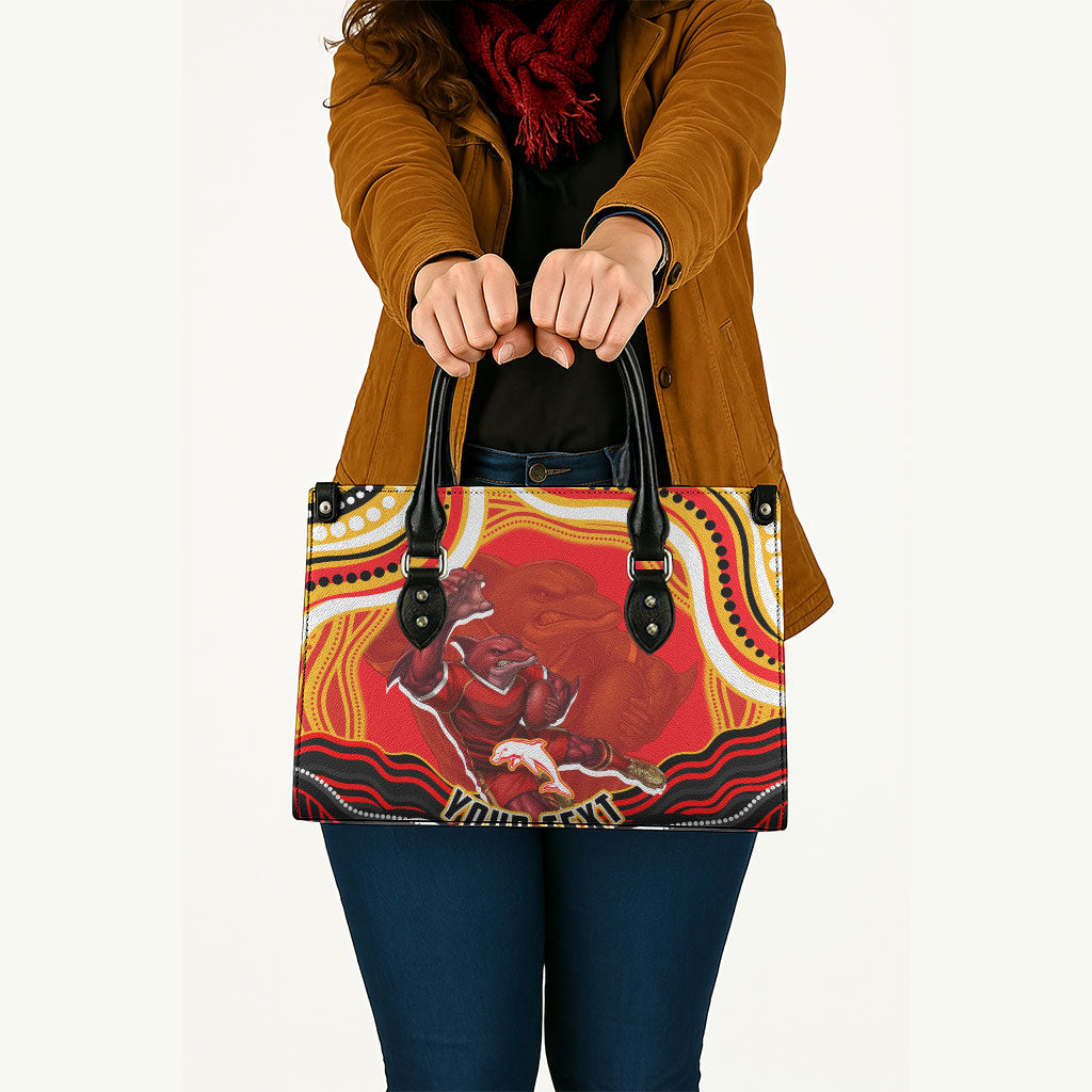 Personalized Redcliffe Dolphins Leather Bag Aboriginal Dot Art - Dreamtime Rugby Mascot