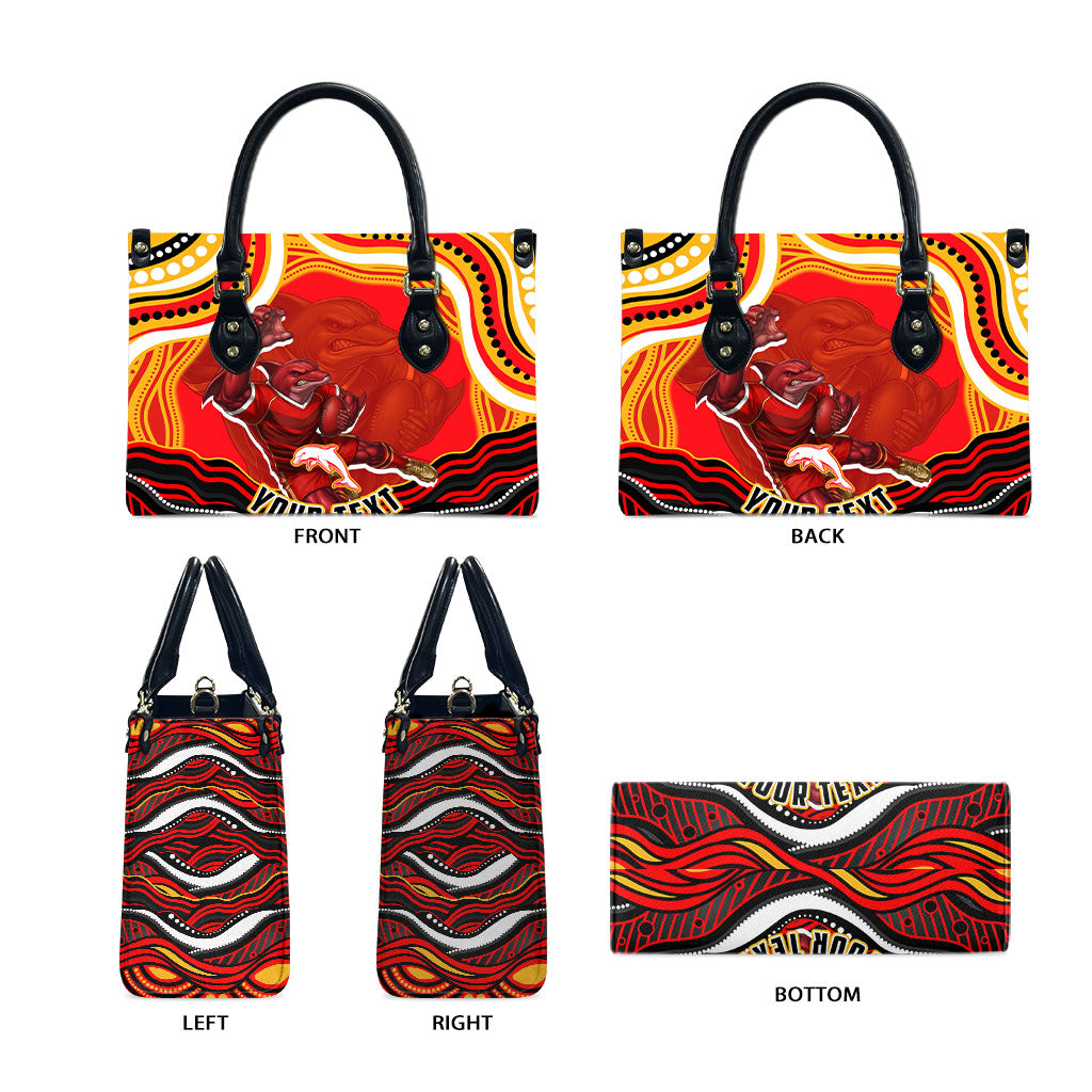 Personalized Redcliffe Dolphins Leather Bag Aboriginal Dot Art - Dreamtime Rugby Mascot
