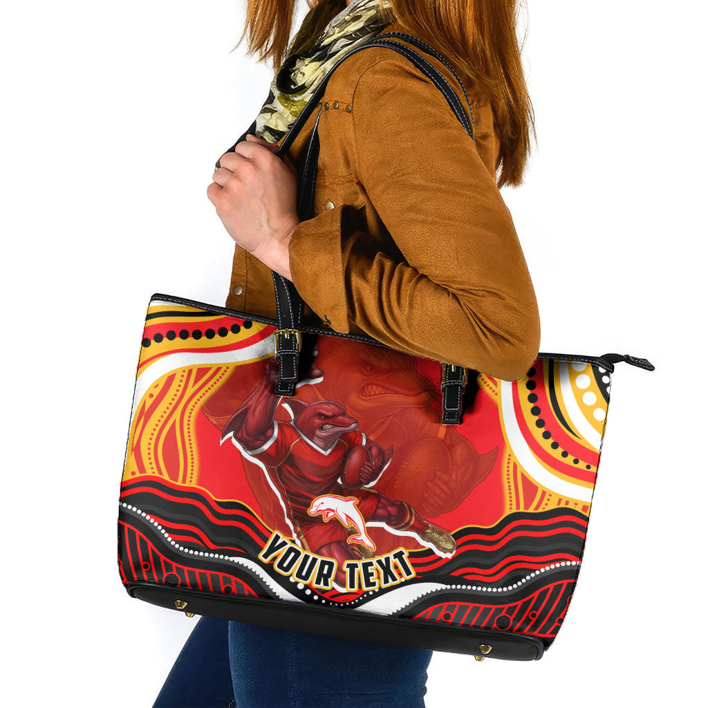 Personalized Redcliffe Dolphins Leather Tote Bag Aboriginal Dot Art - Dreamtime Rugby Mascot