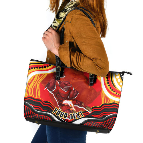 Personalized Redcliffe Dolphins Leather Tote Bag Aboriginal Dot Art - Dreamtime Rugby Mascot