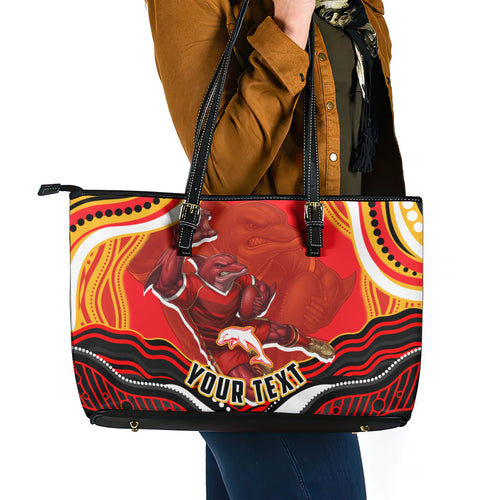 Personalized Redcliffe Dolphins Leather Tote Bag Aboriginal Dot Art - Dreamtime Rugby Mascot