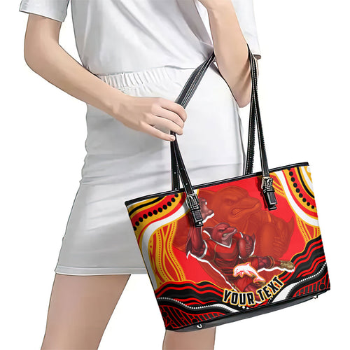Personalized Redcliffe Dolphins Leather Tote Bag Aboriginal Dot Art - Dreamtime Rugby Mascot