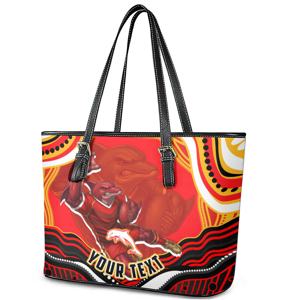 Personalized Redcliffe Dolphins Leather Tote Bag Aboriginal Dot Art - Dreamtime Rugby Mascot