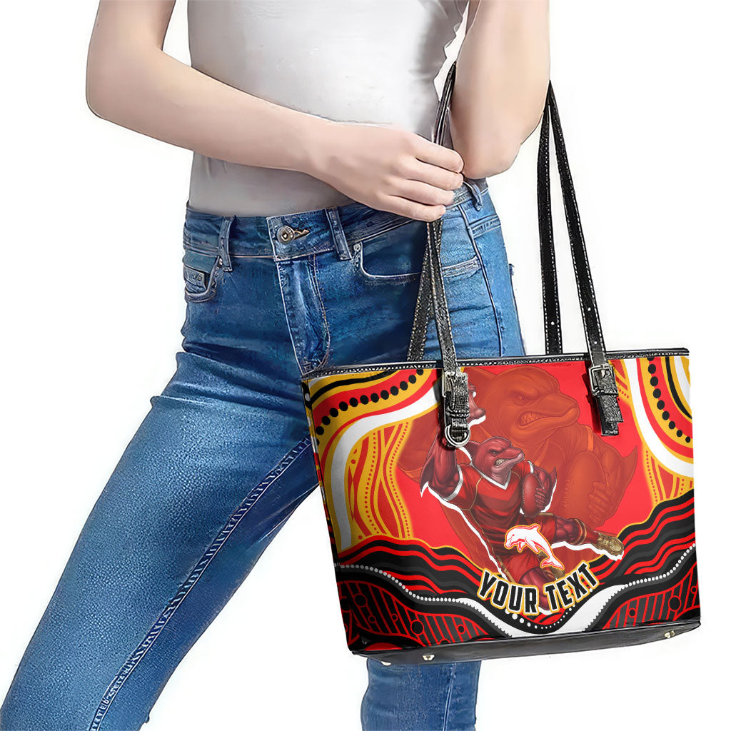 Personalized Redcliffe Dolphins Leather Tote Bag Aboriginal Dot Art - Dreamtime Rugby Mascot