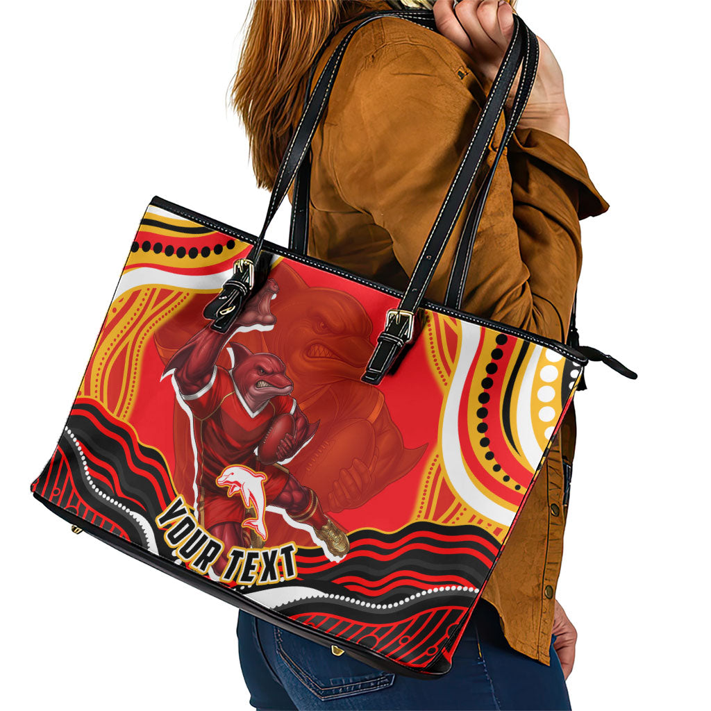 Personalized Redcliffe Dolphins Leather Tote Bag Aboriginal Dot Art - Dreamtime Rugby Mascot