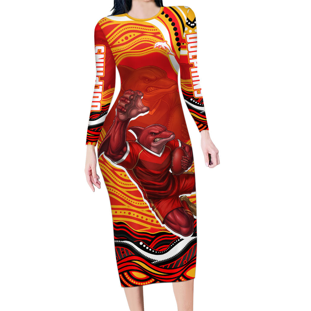 Personalized Redcliffe Dolphins Long Sleeve Bodycon Dress Aboriginal Dot Art - Dreamtime Rugby Mascot
