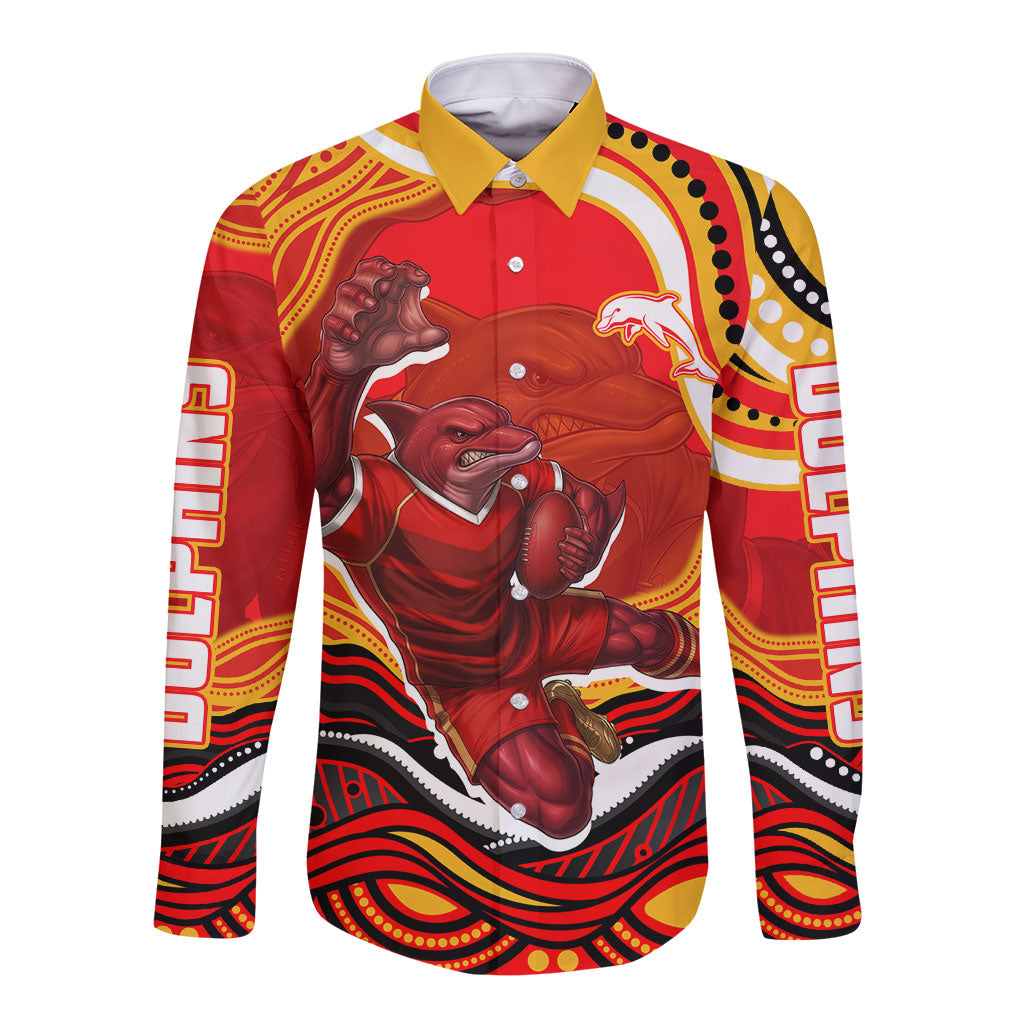 Personalized Redcliffe Dolphins Long Sleeve Button Shirt Aboriginal Dot Art - Dreamtime Rugby Mascot