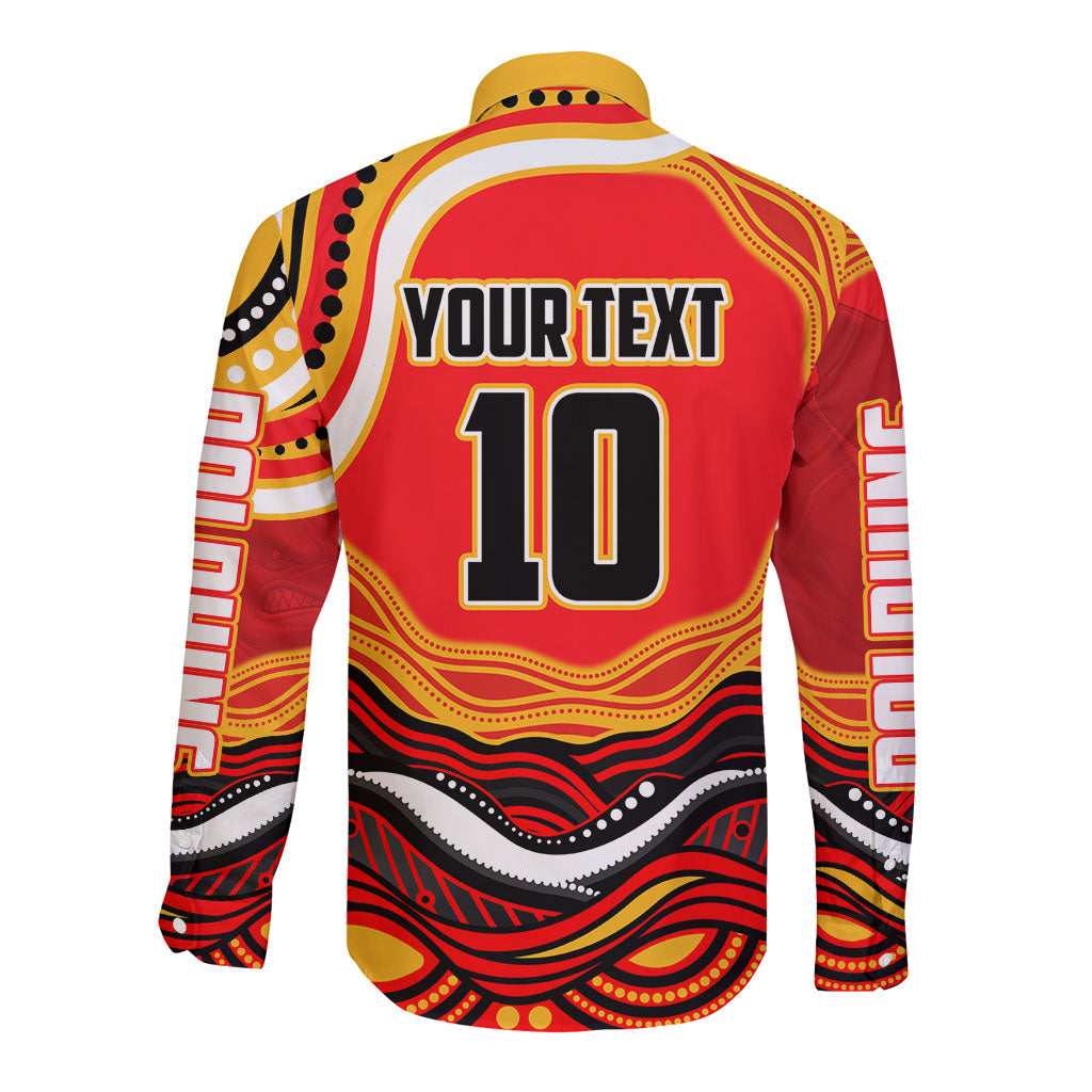 Personalized Redcliffe Dolphins Long Sleeve Button Shirt Aboriginal Dot Art - Dreamtime Rugby Mascot