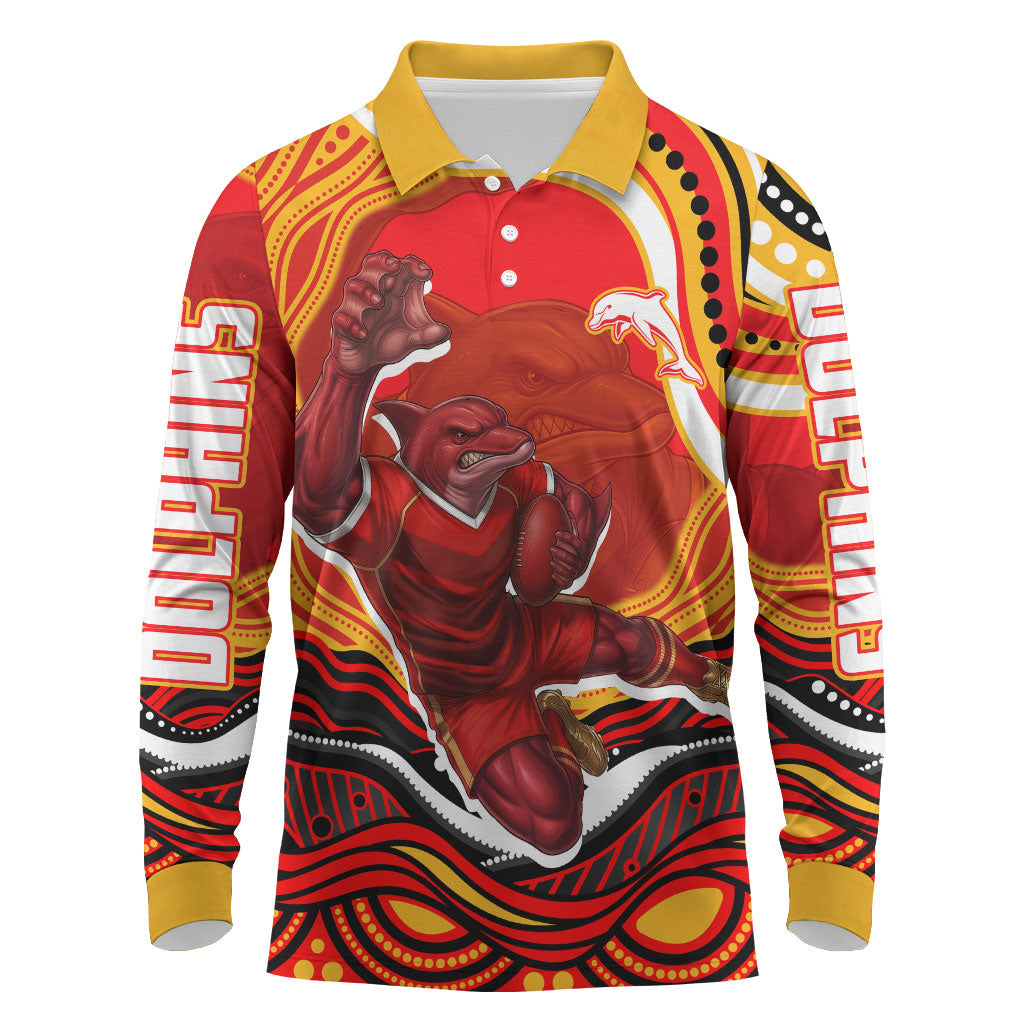 Personalized Redcliffe Dolphins Long Sleeve Polo Shirt Aboriginal Dot Art - Dreamtime Rugby Mascot
