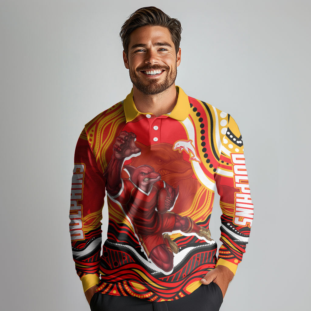 Personalized Redcliffe Dolphins Long Sleeve Polo Shirt Aboriginal Dot Art - Dreamtime Rugby Mascot