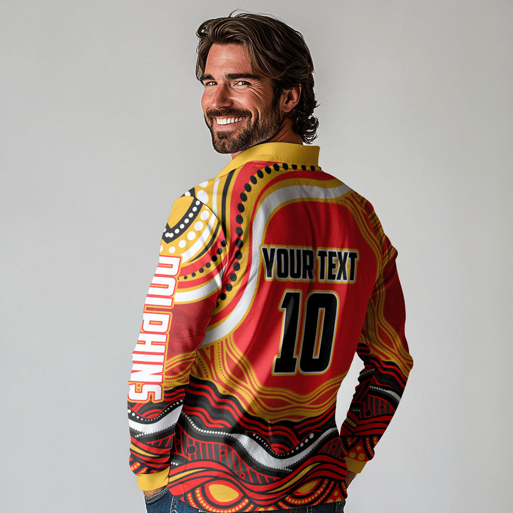 Personalized Redcliffe Dolphins Long Sleeve Polo Shirt Aboriginal Dot Art - Dreamtime Rugby Mascot