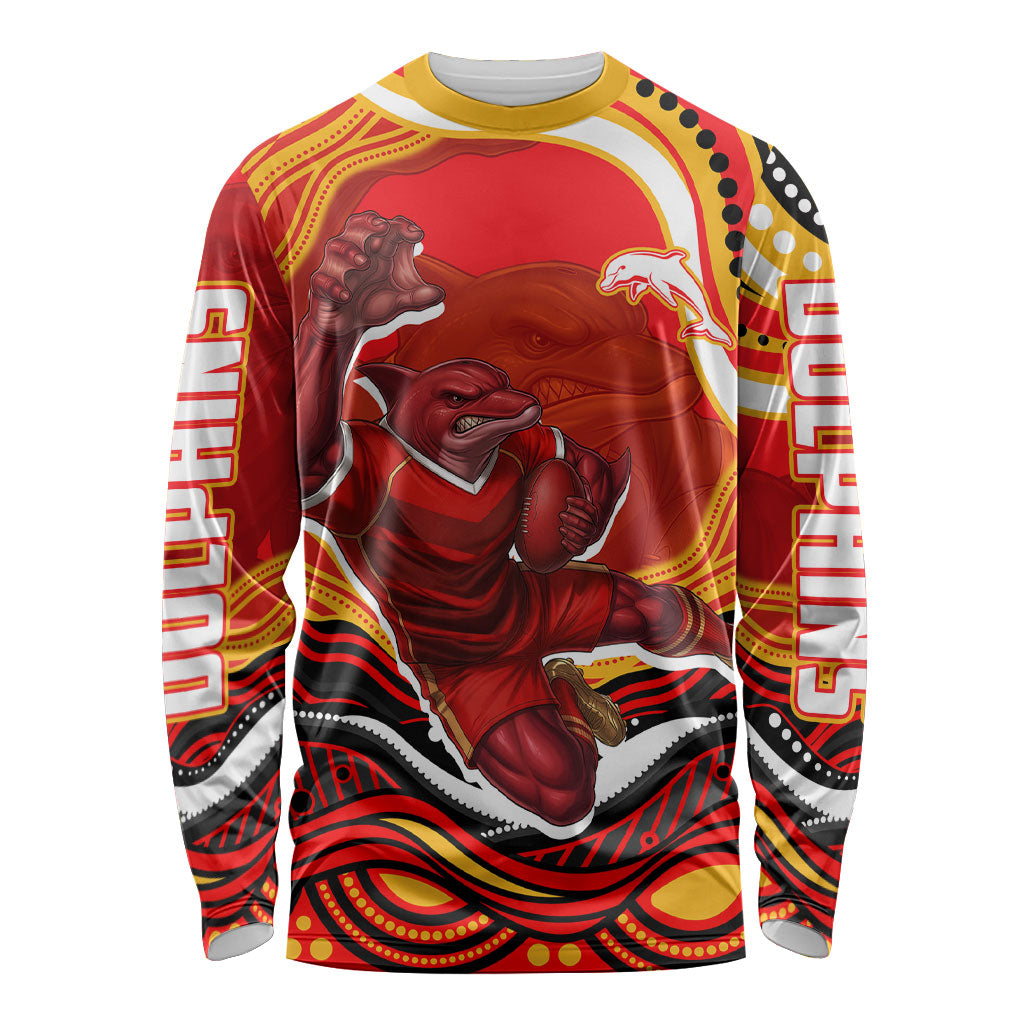 Personalized Redcliffe Dolphins Long Sleeve Shirt Aboriginal Dot Art - Dreamtime Rugby Mascot