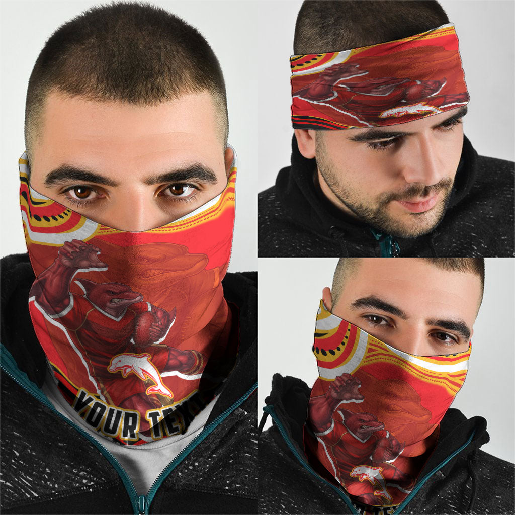 Personalized Redcliffe Dolphins Neck Gaiter Aboriginal Dot Art - Dreamtime Rugby Mascot