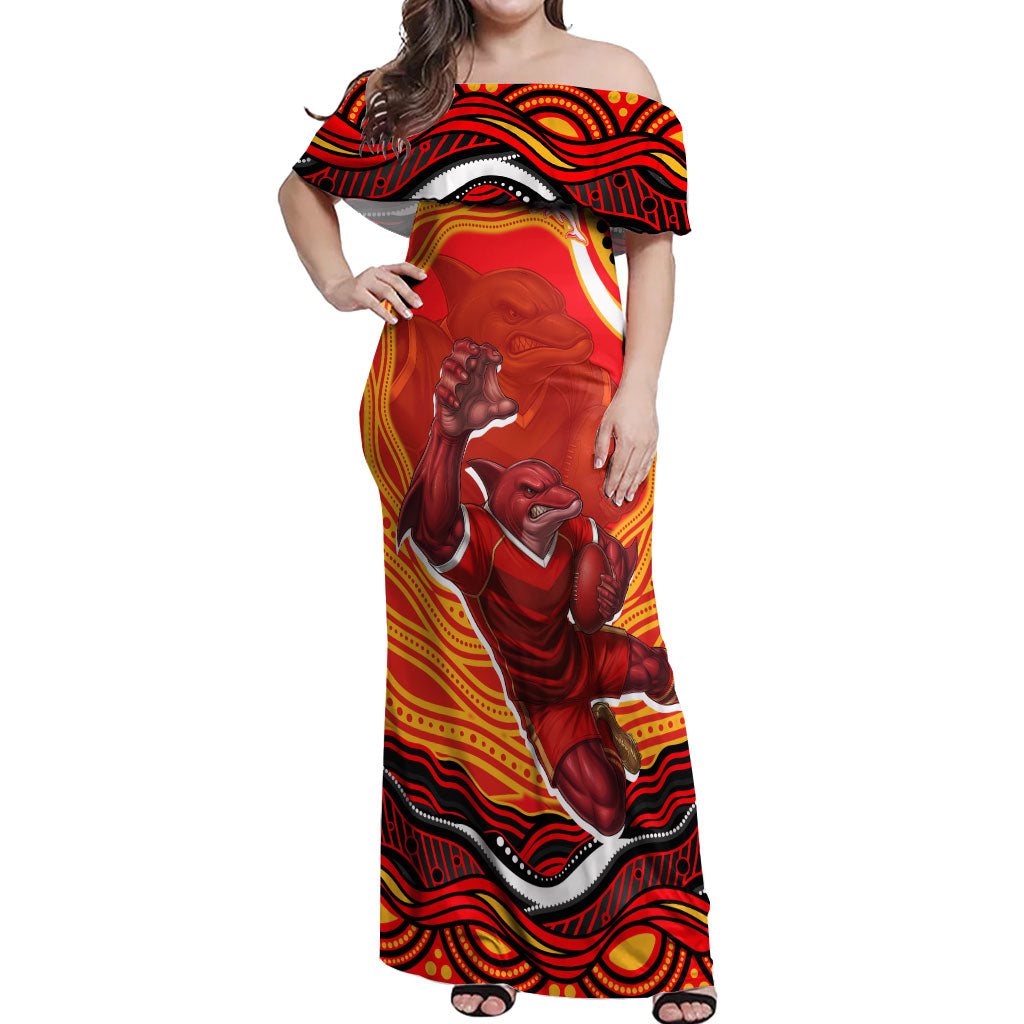 Personalized Redcliffe Dolphins Off Shoulder Maxi Dress Aboriginal Dot Art - Dreamtime Rugby Mascot