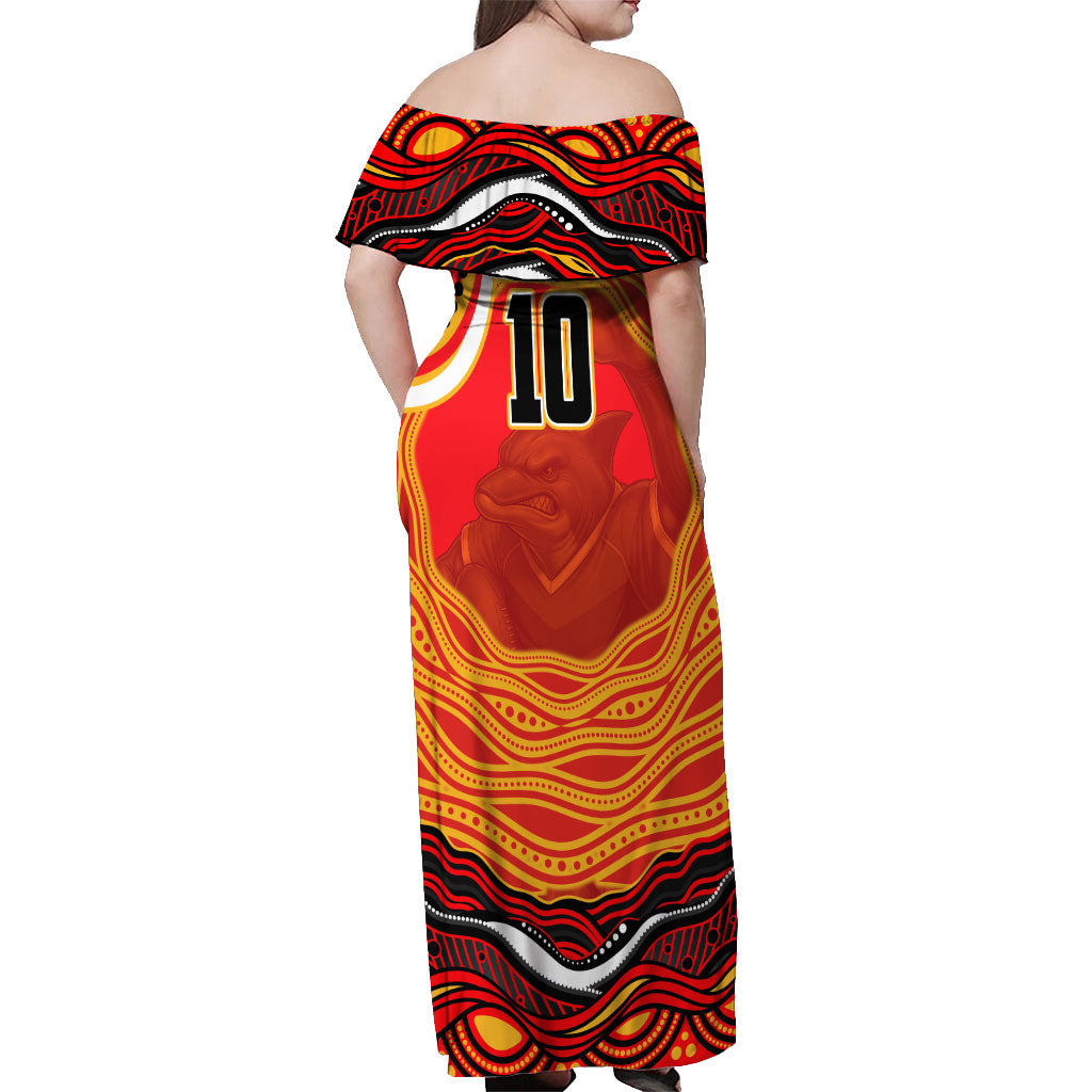 Personalized Redcliffe Dolphins Off Shoulder Maxi Dress Aboriginal Dot Art - Dreamtime Rugby Mascot