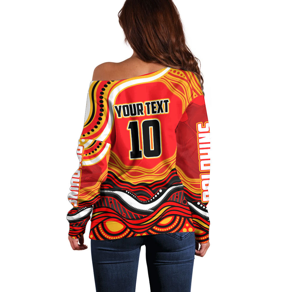 Personalized Redcliffe Dolphins Off Shoulder Sweater Aboriginal Dot Art - Dreamtime Rugby Mascot