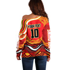 Personalized Redcliffe Dolphins Off Shoulder Sweater Aboriginal Dot Art - Dreamtime Rugby Mascot