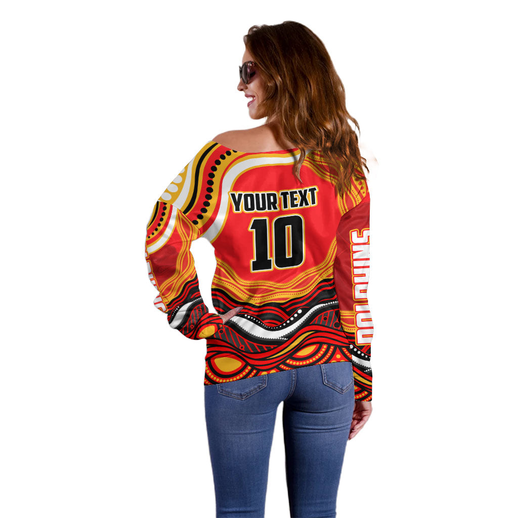 Personalized Redcliffe Dolphins Off Shoulder Sweater Aboriginal Dot Art - Dreamtime Rugby Mascot
