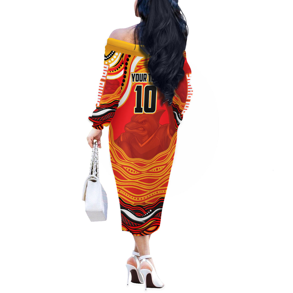 Personalized Redcliffe Dolphins Off The Shoulder Long Sleeve Dress Aboriginal Dot Art - Dreamtime Rugby Mascot