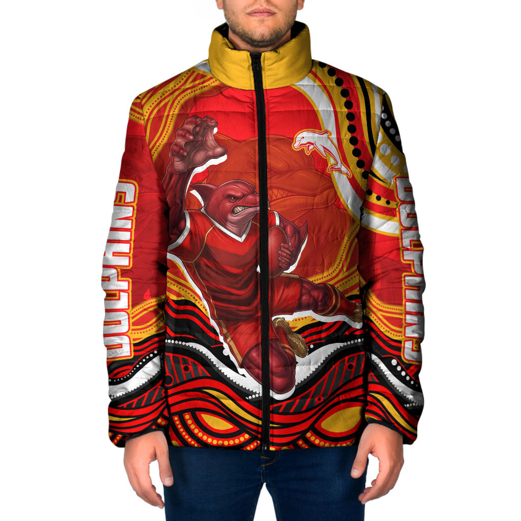 Personalized Redcliffe Dolphins Padded Jacket Aboriginal Dot Art - Dreamtime Rugby Mascot