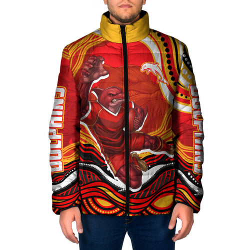 Personalized Redcliffe Dolphins Padded Jacket Aboriginal Dot Art - Dreamtime Rugby Mascot