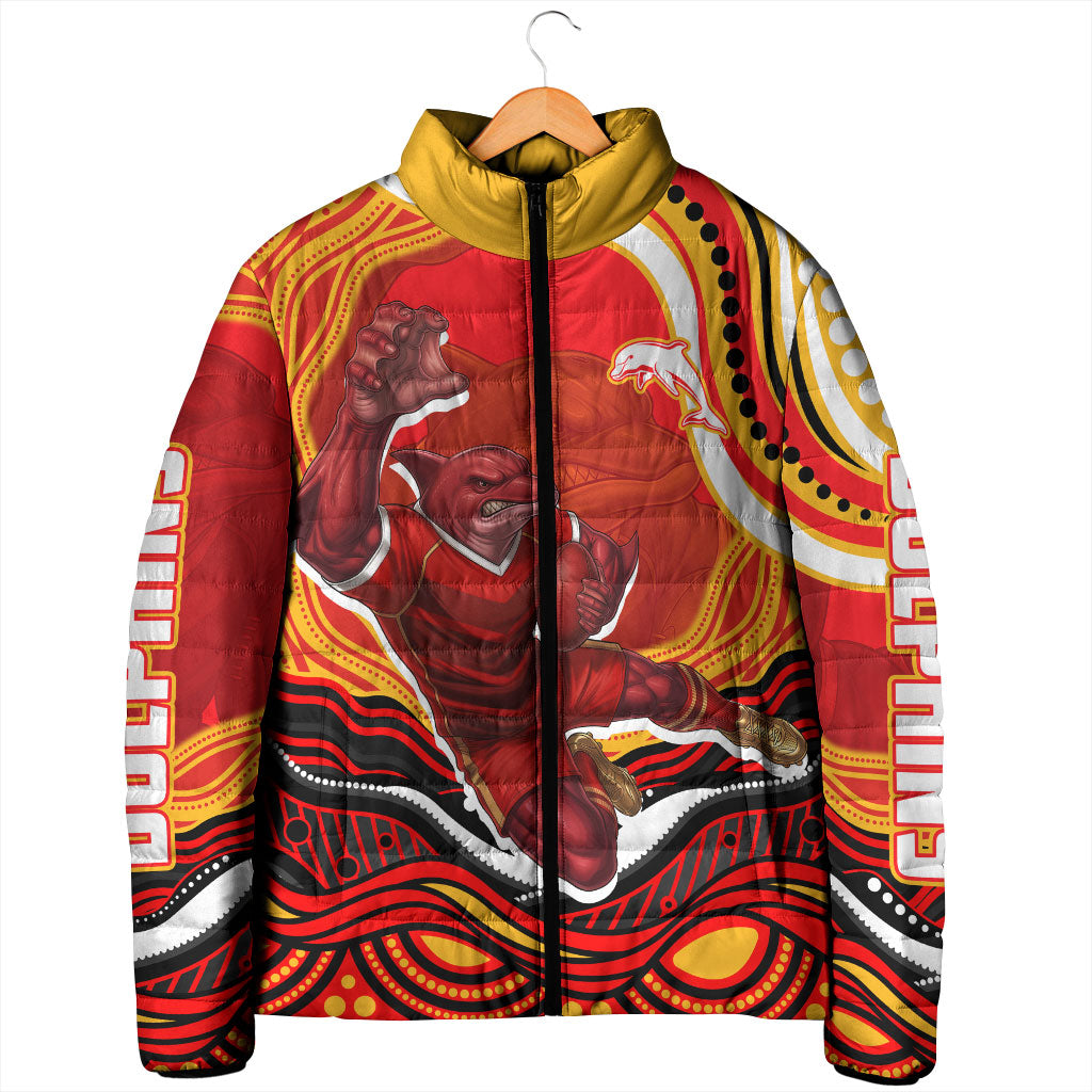 Personalized Redcliffe Dolphins Padded Jacket Aboriginal Dot Art - Dreamtime Rugby Mascot