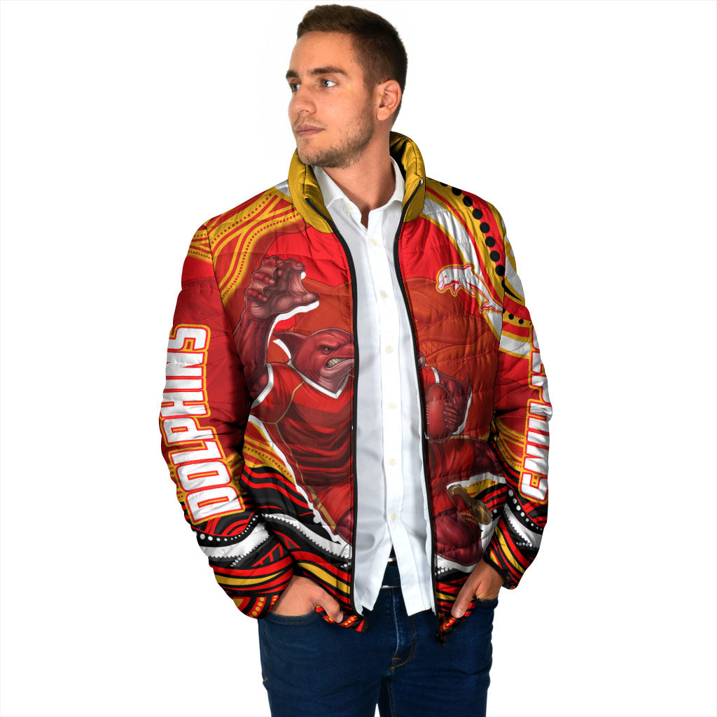 Personalized Redcliffe Dolphins Padded Jacket Aboriginal Dot Art - Dreamtime Rugby Mascot