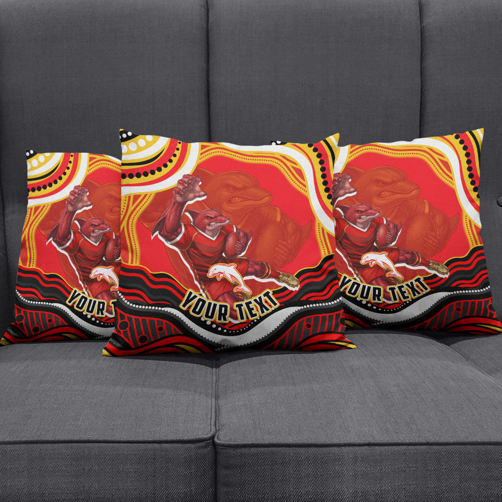 Personalized Redcliffe Dolphins Pillow Cover Aboriginal Dot Art - Dreamtime Rugby Mascot