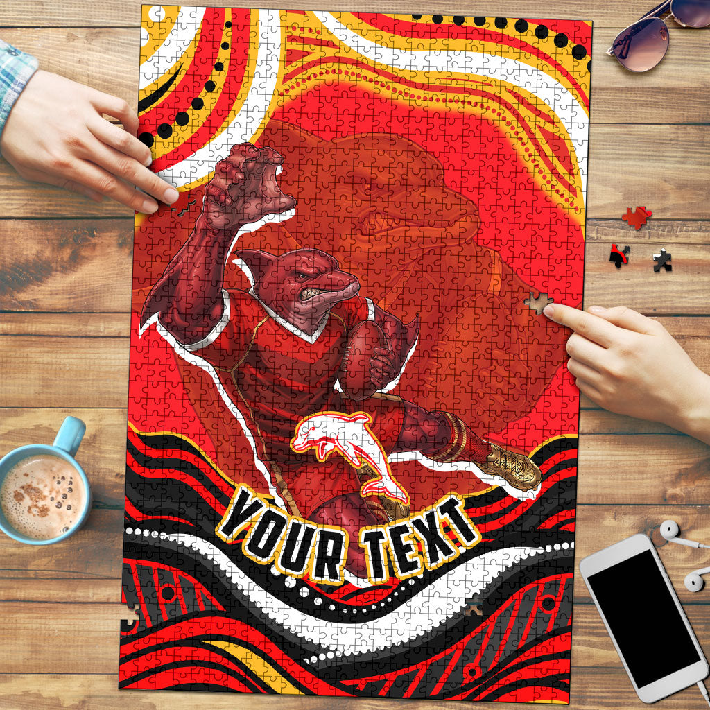 Personalized Redcliffe Dolphins Puzzle Aboriginal Dot Art - Dreamtime Rugby Mascot