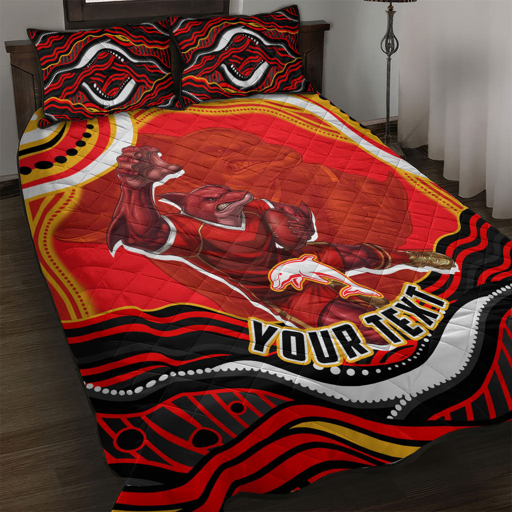 Personalized Redcliffe Dolphins Quilt Bed Set Aboriginal Dot Art - Dreamtime Rugby Mascot