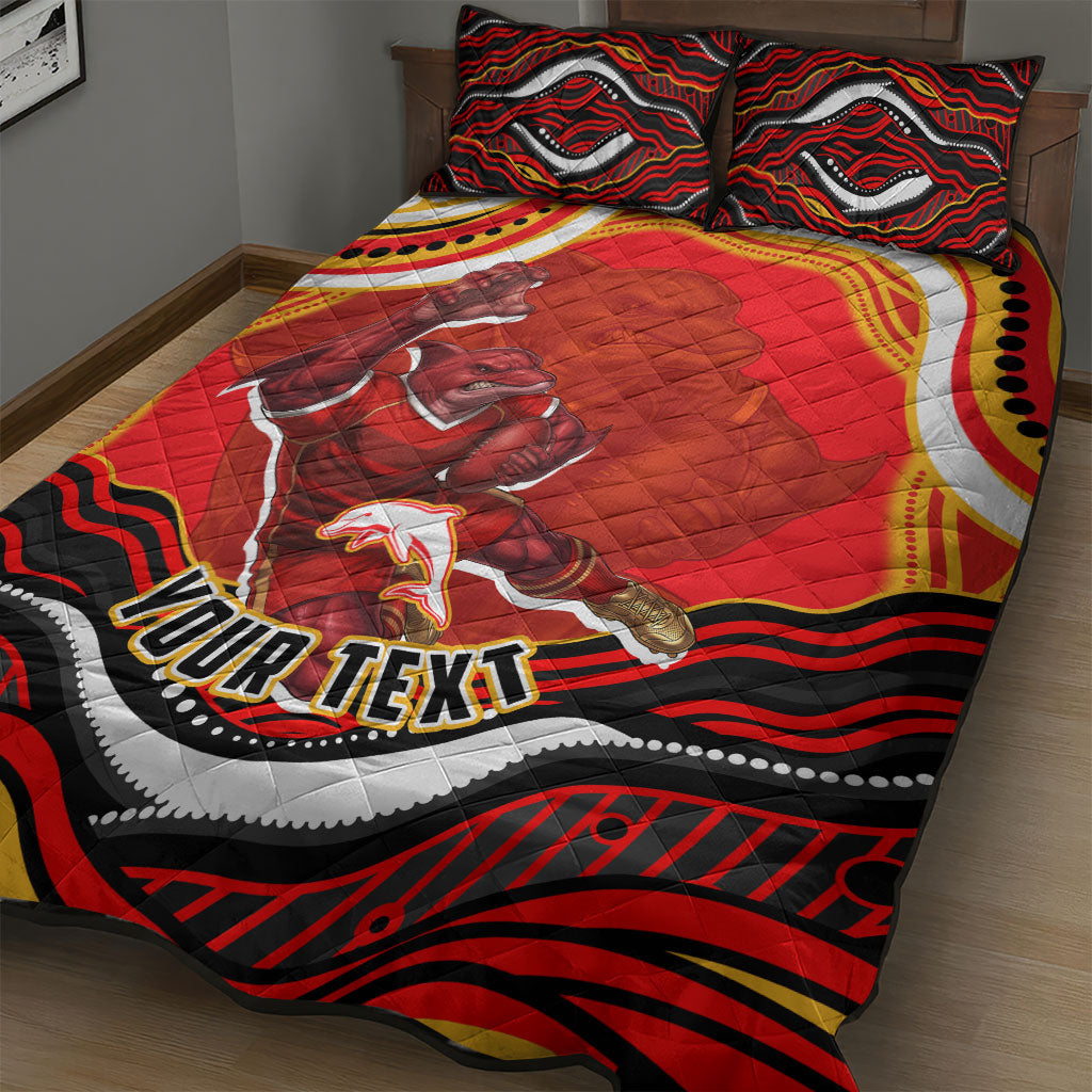 Personalized Redcliffe Dolphins Quilt Bed Set Aboriginal Dot Art - Dreamtime Rugby Mascot