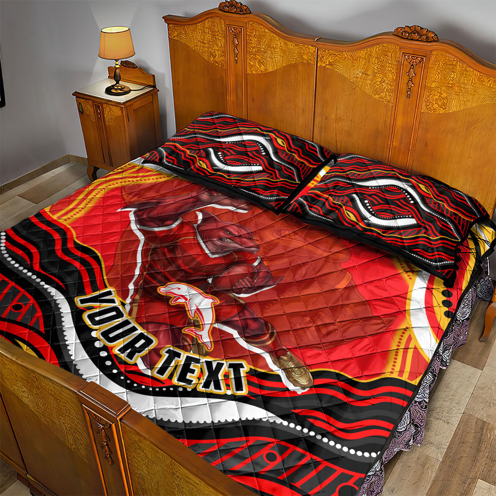 Personalized Redcliffe Dolphins Quilt Bed Set Aboriginal Dot Art - Dreamtime Rugby Mascot