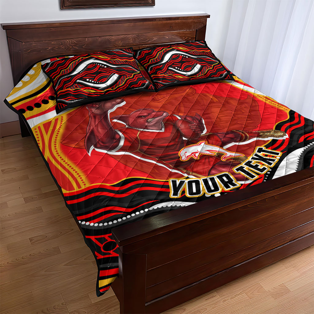 Personalized Redcliffe Dolphins Quilt Bed Set Aboriginal Dot Art - Dreamtime Rugby Mascot
