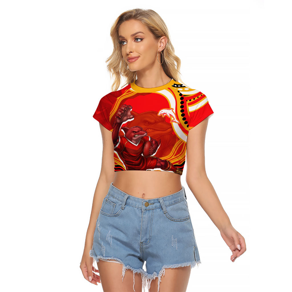 Personalized Redcliffe Dolphins Raglan Cropped T Shirt Aboriginal Dot Art - Dreamtime Rugby Mascot
