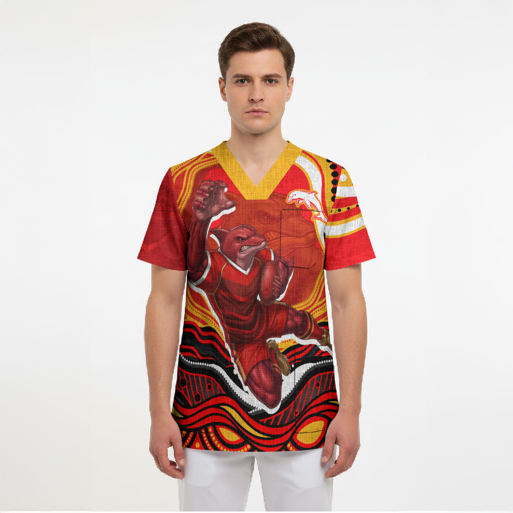 Personalized Redcliffe Dolphins Scrub Top Aboriginal Dot Art - Dreamtime Rugby Mascot
