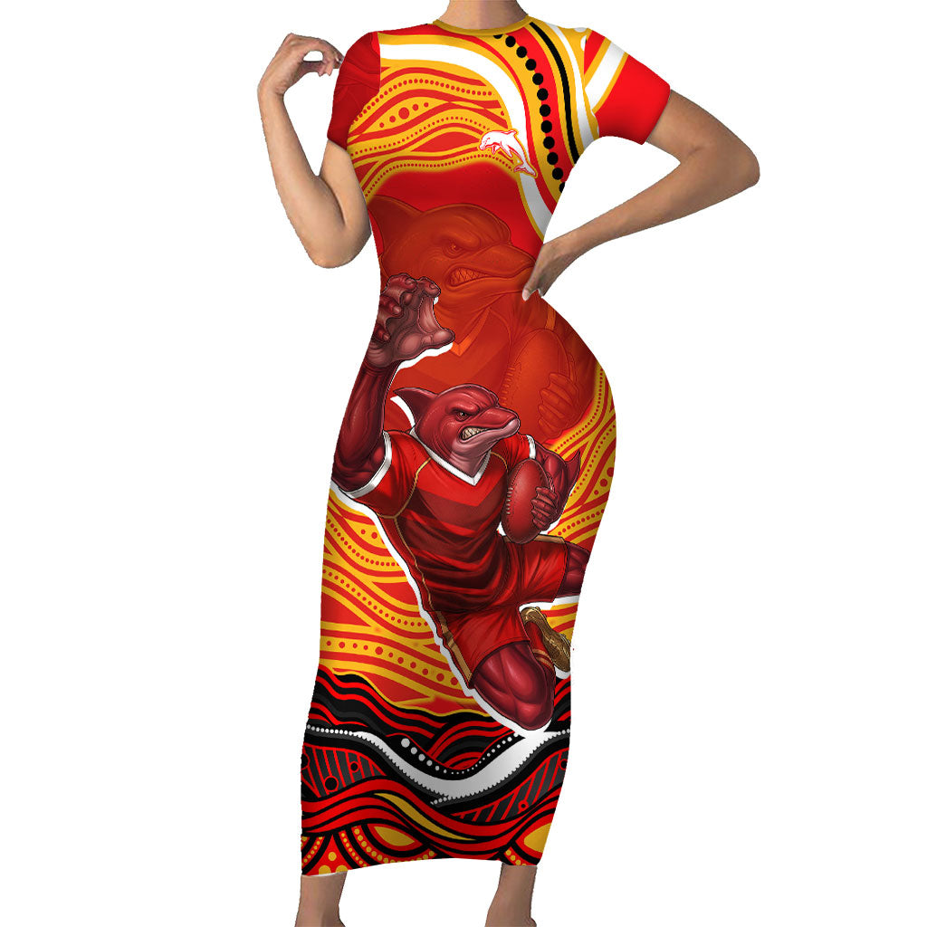 Personalized Redcliffe Dolphins Short Sleeve Bodycon Dress Aboriginal Dot Art - Dreamtime Rugby Mascot