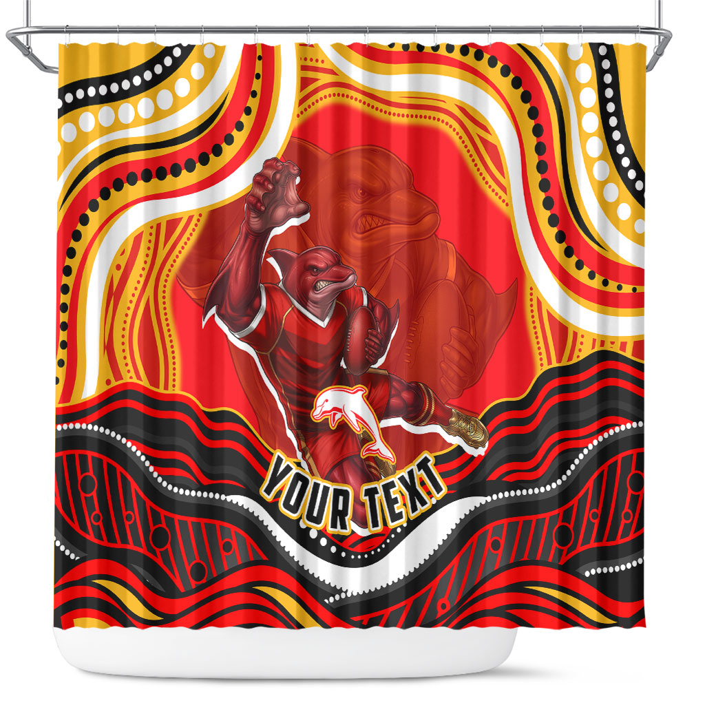 Personalized Redcliffe Dolphins Shower Curtain Aboriginal Dot Art - Dreamtime Rugby Mascot