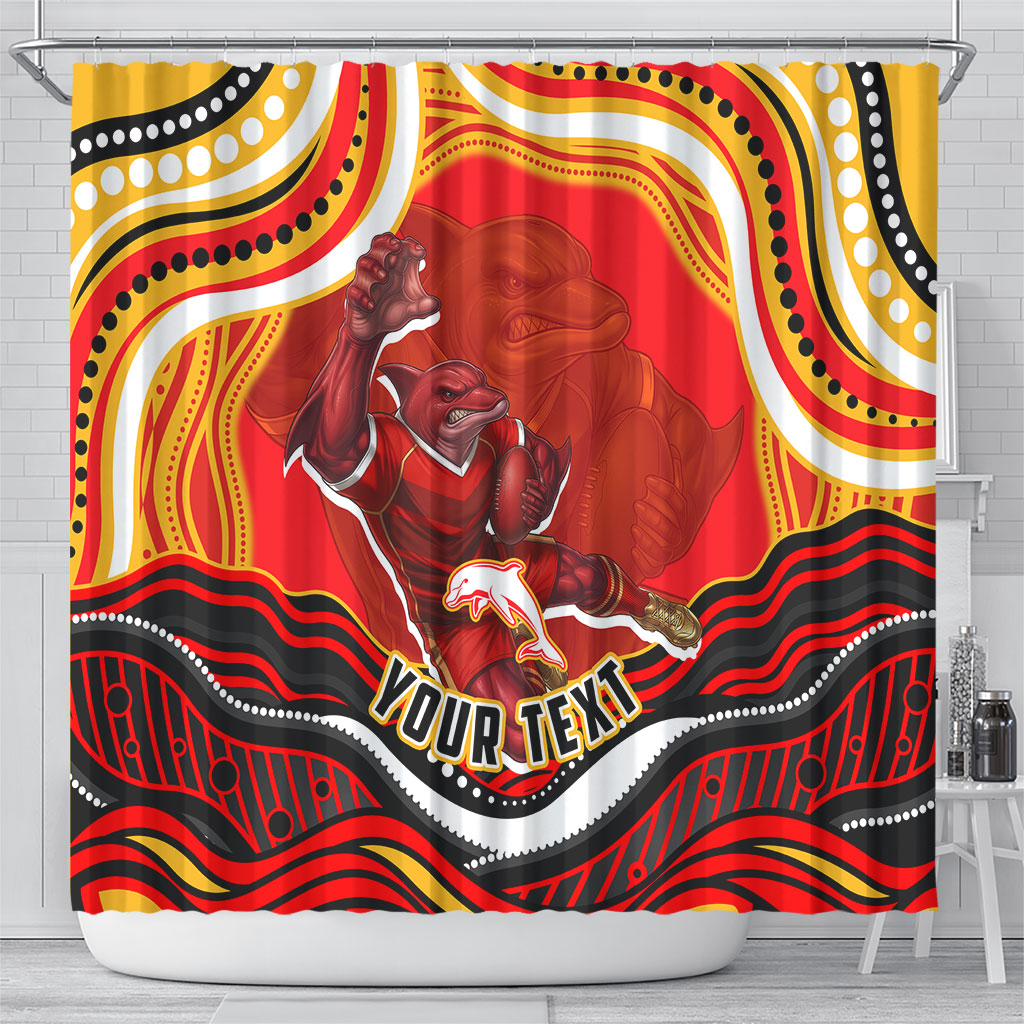 Personalized Redcliffe Dolphins Shower Curtain Aboriginal Dot Art - Dreamtime Rugby Mascot