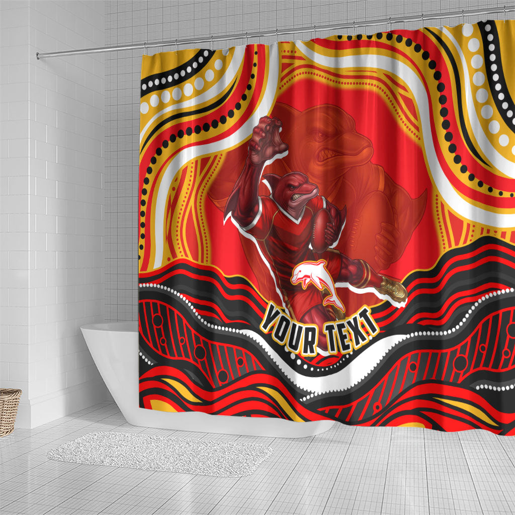 Personalized Redcliffe Dolphins Shower Curtain Aboriginal Dot Art - Dreamtime Rugby Mascot